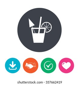 Cocktail sign. Alcoholic drink symbol. Download arrow, handshake, tick and heart. Flat circle buttons.