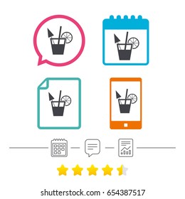 Cocktail sign. Alcoholic drink symbol. Calendar, chat speech bubble and report linear icons. Star vote ranking. Vector