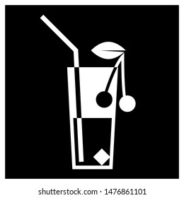 Cocktail Sign.
Glass with a drink, with a straw, with cherries and ice, black and white image.