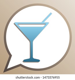 Cocktail sign illustration. Bright cerulean icon in white speech balloon at pale taupe background. Illustration.