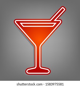 Cocktail sign illustration. Flat red icon with linear white icon with gray shadow at grayish background. Illustration.