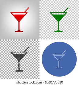 Cocktail sign illustration. Vector. 4 styles. Red gradient in radial lighted background, green flat and gray scribble icons on transparent and linear one in blue circle.