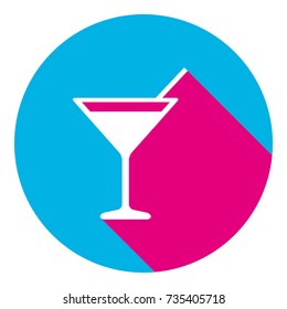 Cocktail sign illustration. Vector. Flat white icon with mexican pink shadow inside sky blue(S and G) circle at white background. Isolated. Trend colors in 2017.