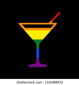 Cocktail sign illustration. Vector. Icon with colors of LGBT flag at black background.