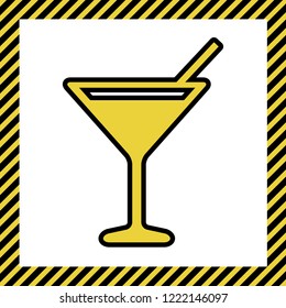 Cocktail sign illustration. Vector. Warm yellow icon with black contour in frame named as under construction at white background. Isolated.