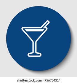 Cocktail sign illustration. Vector. White contour icon in dark cerulean circle at white background. Isolated.