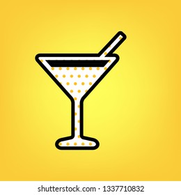 Cocktail sign illustration. Vector. Yellow polka dot white icon with black contour at warm yellow background.