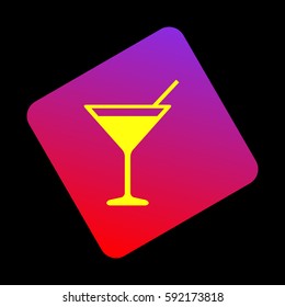 Cocktail sign illustration. Vector. Yellow icon at violet-red gradient square with rounded corners rotated for dynamics on black background.