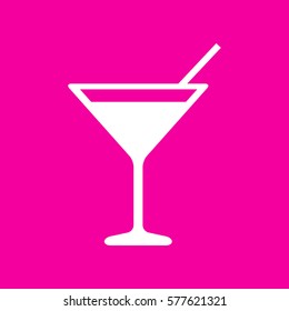 Cocktail sign illustration. White icon at magenta background.