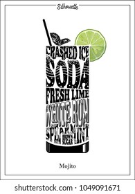 cocktail Silhouette Mojito,simple recipe, vector illustration of a clipart typography,accent color 