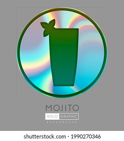 Cocktail silhouette on abstract holographic background. Mojito cocktail holographic icon