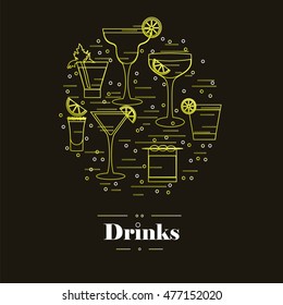 Cocktail silhouettes and confetti for flyer and business card template on dark background. Vector illustration for party, beverage menu, club lifestyle, banner