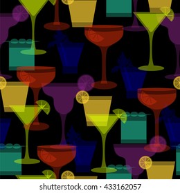Cocktail silhouettes seamless pattern. Vector illustration with different glasses and drinks for beverage menu, party ad, club lounge, wrapping paper, textile, fabric. Bright colors on dark background