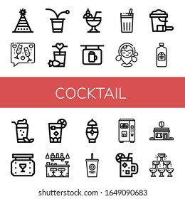 cocktail simple icons set. Contains such icons as Fun hat, Toast, Beer pong, Cocktail, Bar, Chicha de frutilla, Beach, Sand bucket, Juice, can be used for web, mobile and logo