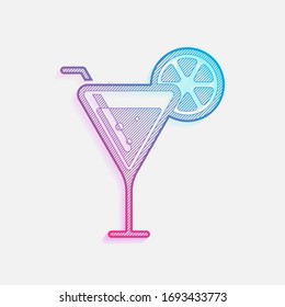 cocktail. simple silhouette. Colored logo with diagonal lines and blue-red gradient. Neon graphic, light effect