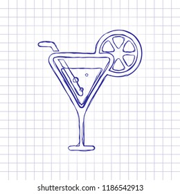 cocktail. simple silhouette. Hand drawn picture on paper sheet. Blue ink, outline sketch style. Doodle on checkered background