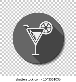 cocktail. simple silhouette. White flat icon with long shadow in circle on transparent background