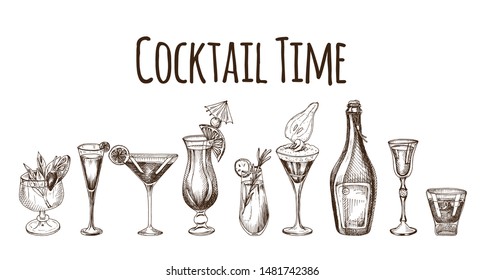 Cocktail sketch set. Illustration with cocktails sketches. Hand drawn pattern cocktails bar menu.