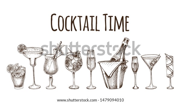 Cocktail sketch set.
Illustration with cocktails sketches. Hand drawn pattern cocktails
bar menu.