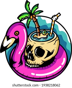 cocktail skull island and flamingo buoy illustration for t shirt design,etc