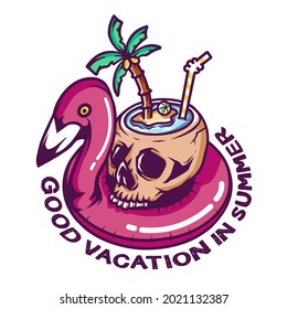cocktail skull island and flamingo buoy illustration for t shirt design,etc