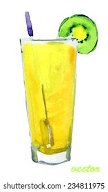 cocktail with a slice of kiwi.  watercolor, Vector.