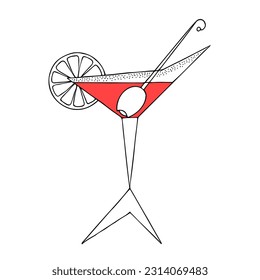 Cocktail with a slice of lemon and olive. Hand Drawn. Freehand drawing. Sketch.	
