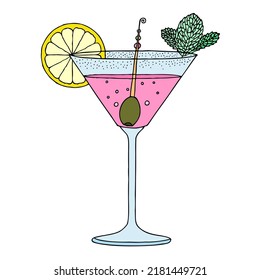 Cocktail with a slice of lemon, olive and mint leaves. Hand Drawn. Freehand drawing. Sketch.