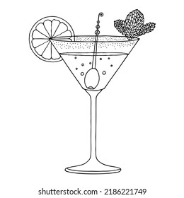 Cocktail with a slice of lemon, olive and mint leaves. Hand Drawn. Freehand drawing. Sketch.	