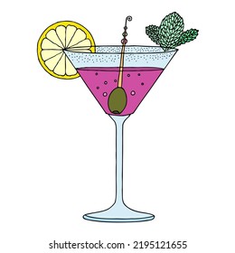 Cocktail with a slice of lemon, olive and mint leaves. Hand Drawn. Freehand drawing. Sketch.	