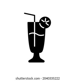 Cocktail with slice of lemon and straw glyph icon. Maldives bar. Tropical drink. Black filled symbol. Isolated vector stock illustration