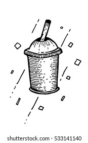 Cocktail, Smoothie, Ice coffee in plastic cup. Hand drawn illustration. 