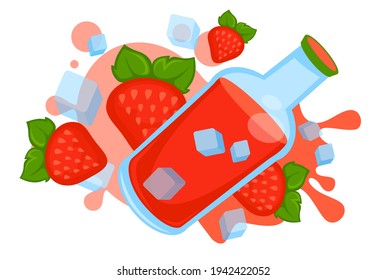 Cocktail or smoothie made of ripe strawberries, isolated glass bottle with fresh berries and ice cubes. Organic and natural production with vitamins. Juice beverage for detoxing. Vector in flat style