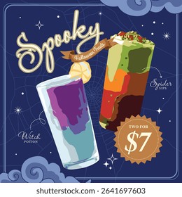 Cocktail social media design with Halloween theme on blue background