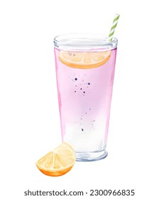 Cocktail soda with lemon in glass with straw. Watercolor summer drink, beverage. Healthy dessert, fresh fruit