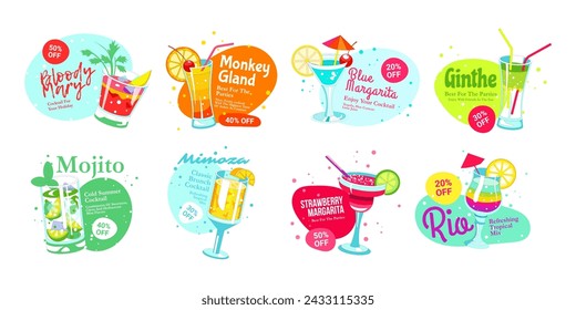 Cocktail sticker set, vector icon collection. Summer drink with fruit, beverage badge with sign. Color summer food with juice. Discount for bloody mary, mojito, margarita and mimoza