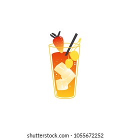 cocktail with straberry, ice cubes and straw icon. Cool summer drink, soft alcohol tropical party beverage, martini lemonade trendy object. Vacation bach resort illustration