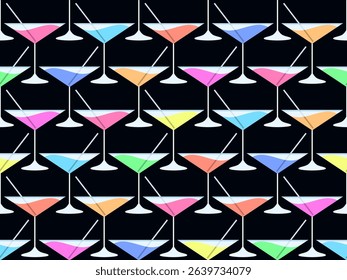 Cocktail with straw in 80s style seamless pattern. Alcoholic cocktails with straw in vermouth glass. Design for bar menus, advertising materials and banners. Vector illustration
