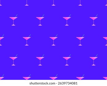 Cocktail with straw in 80s style seamless pattern. Alcoholic cocktails with straw in vermouth glass. Design for bar menus, advertising materials and banners. Vector illustration