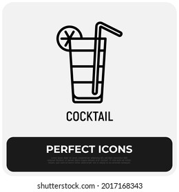 Cocktail with straw and lemon. Thin line icon. Summer drink. Modern vector illustration.