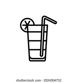 Cocktail with straw and lemon. Thin line icon. Summer drink. Modern vector illustration.