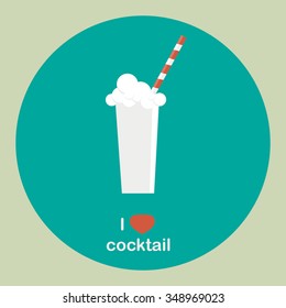 Cocktail with straw on green background. Vector illustration of milkshake in a glass. Can be used for design t-shirts and another clothing.