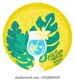 Cocktail with a cocktail straw on a lemon background with tropical leaves vector illustration. Blue cocktail Vector art for cards, designs, postcards, icons, etc