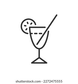 Cocktail with straw and orange, linear icon. Line with editable stroke