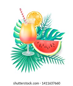 Cocktail with straw and orange slice decor and watermelon piece on palm leaves. Refreshing tropical drink with ice and piece of fruit vector isolated