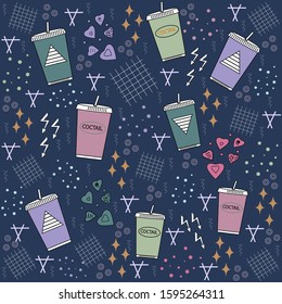 Cocktail with straw, seamless pattern, dark blue background