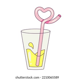 Cocktail with a Straw in the Shape of a Heart Party Illustration in Groovy Style Temporary Sticker or Badge