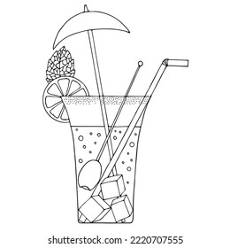 A cocktail with a straw, a slice of lemon, a mint leaf, an olive on a stick and a small umbrella. Doodle. Hand Drawn. Freehand drawing. Sketch. Coloring page.	