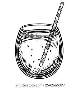 Cóctel con Ilustración vectorial de paja. Dibujo lineal de la bebida en un vaso pintado con tintas negras para el menú del restaurante o receta en estilo vintage. Esquema de grabado monocromo de la bebida alcohólica.