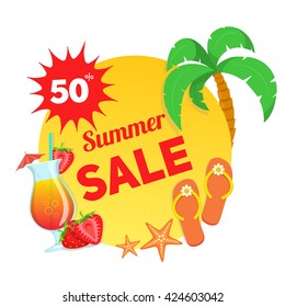 Cocktail and strawberries with text. Summer sale vector illustration. Easy to edit design template.